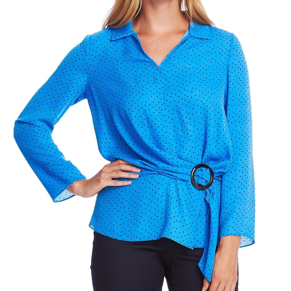 Vince Camuto deep river ditsy fragments belted blouse size small